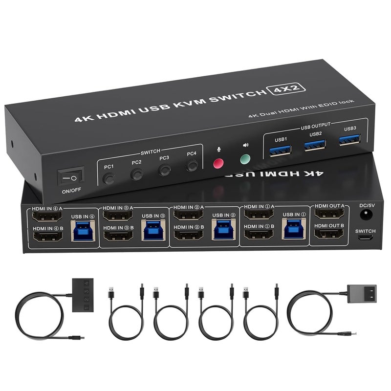 TaiLaiEra 4K HDMI KVM Switch 2 Monitors 4 Computers, Dual Monitor and 2 HDMI USB 3.0 KVM Switches 4K@60Hz,Support Extended/Mirror Mode Share 3 USB 3.0 Ports with Desktop Controller, Adapter Included - Image 1
